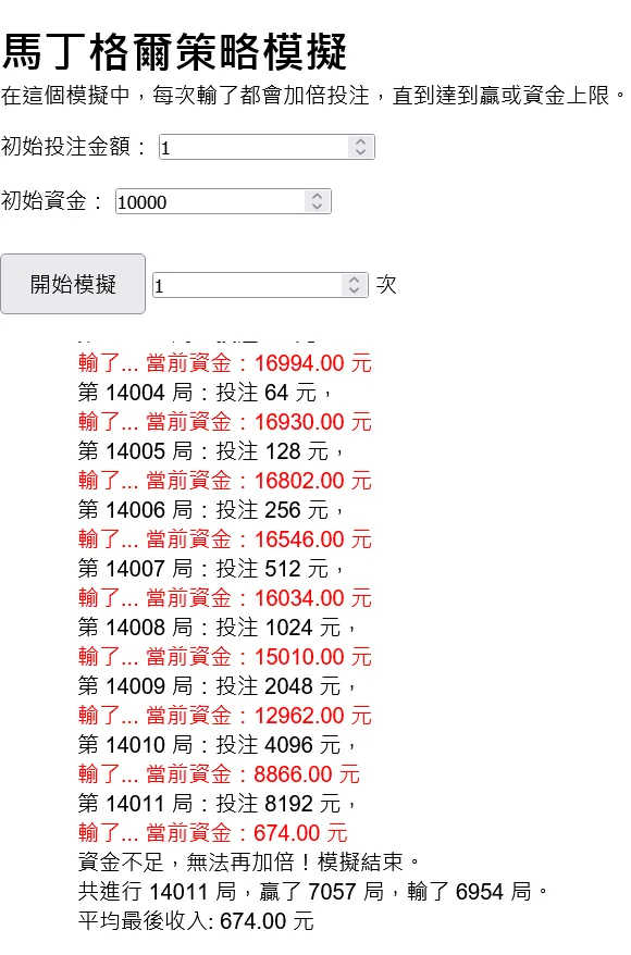 初始資金很大，每次只投 1 塊錢