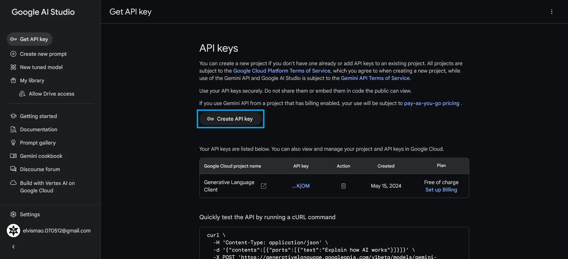 Google AI Studio 點選 Create API Key